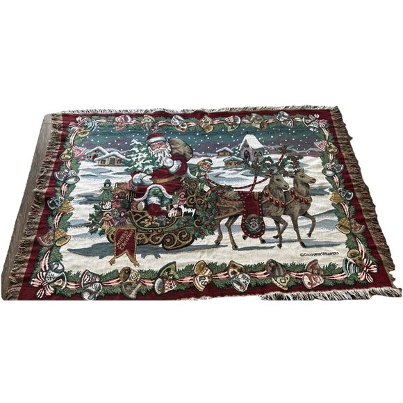 Christmas Eve Throw Santa, Sleigh, Reindeer, Afghan, Cozy Fringed Goodwin Weaver - Picture 6 of 12
